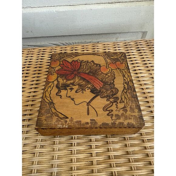Antique 1910s Flemish Art Pyrography Hanky Box Art Nouveau Lady Cherries - Picture 1 of 8